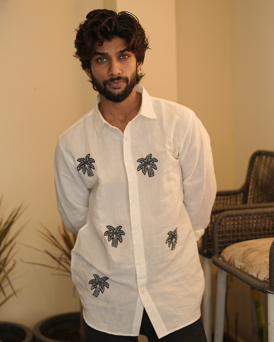 Palm Breeze Denim Motifs Shirt — handcrafted Shirt by GRAA